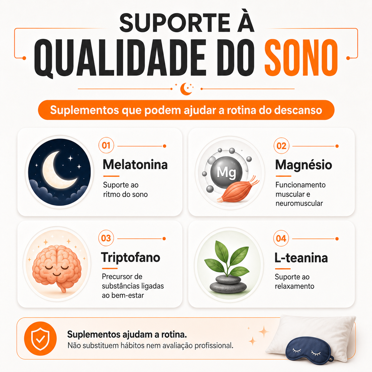 Melatonina, magnésio, triptofano e L-teanina como suporte à rotina noturna