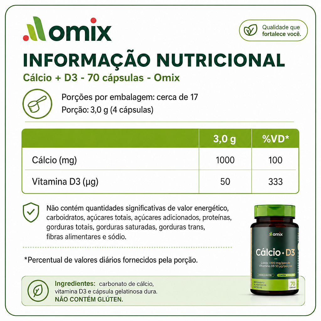 Cálcio + D3 70 Cápsulas Omix Health - Preço Baixo - Caveira