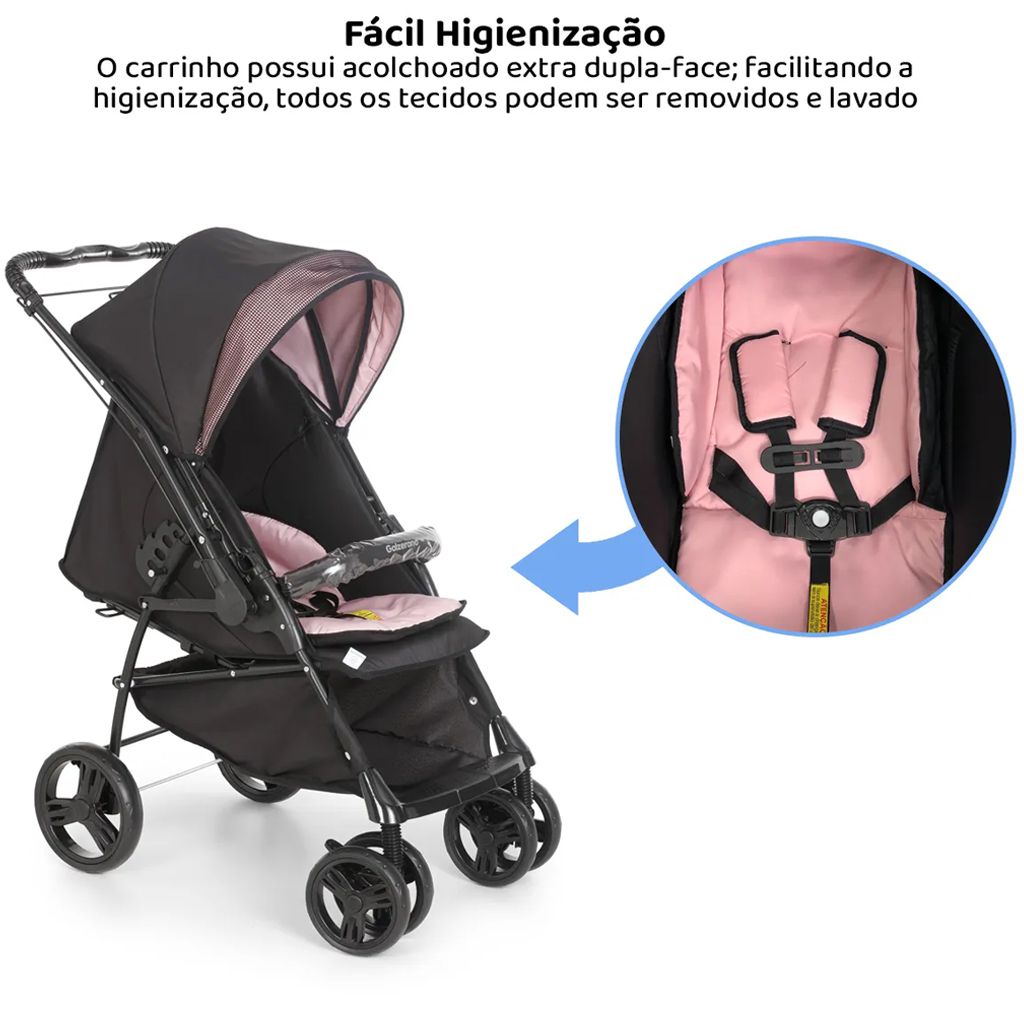 Carrinho de Bebê Capri Rosa/Grafite e Cobertor de Microfibra - Alves Baby