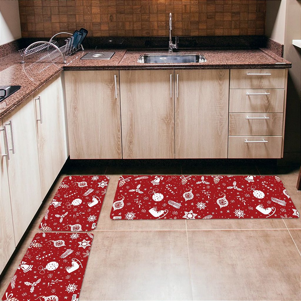 Kit 3 Tapetes de Cozinha Yuzo Enfeites de Natal Fundo Vermelho - Yuzo  Decorações