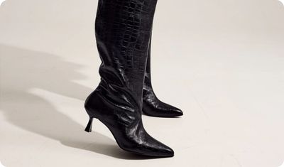 Bota Feminina Salto Alto Cano Longo Couro Croco Ianca Preta