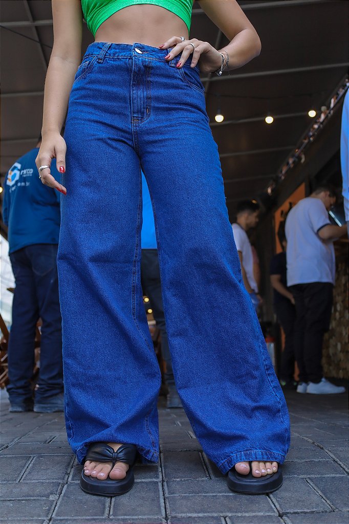 Calça Wide Leg Jeans Azul Escuro - Loja da Bruna