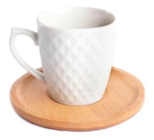 Jogo 2 Xícaras de Café em Cerâmica Preta Com Pires de Bambu: você