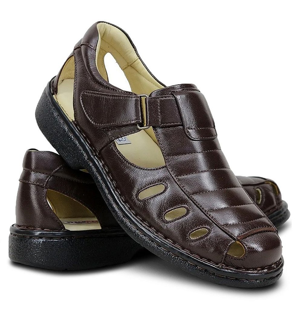 Sandália Masculina de Couro Palmilha de Gel Extremo Conforto 182 Café -  Essência Brasil