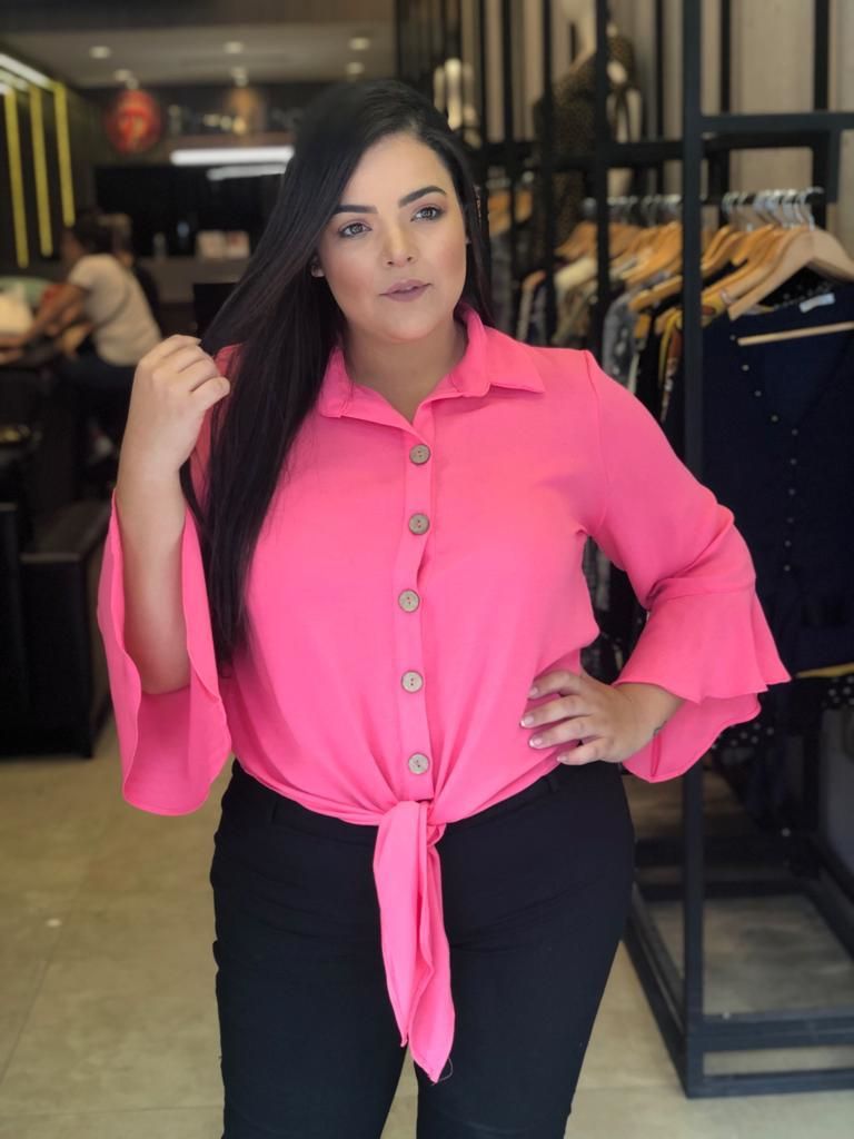 Camisa Lisa com Amarração Pink 44 - Just Plus Size