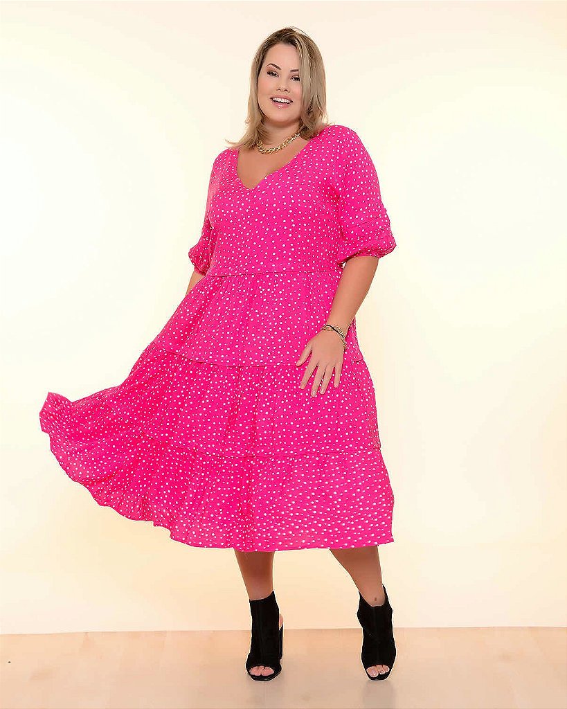 Vestido Plus Size Poá Pink - Just Plus Size