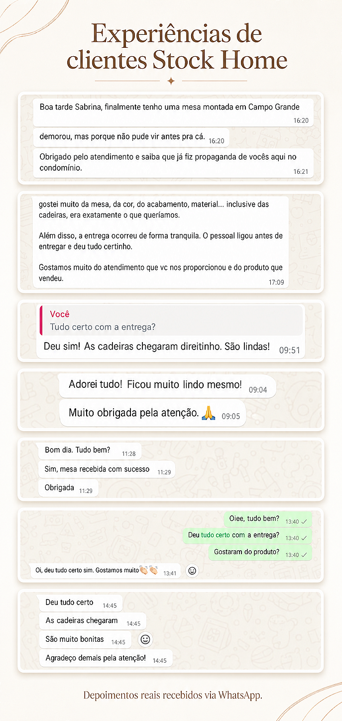 Depoimentos reais de clientes sobre produtos e atendimento da Stock Home