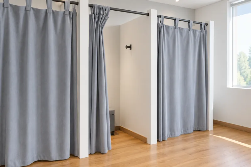 Provador ilustrativo inspirado nas lojas Santé, com cortinas cinza, divisórias brancas e piso de madeira