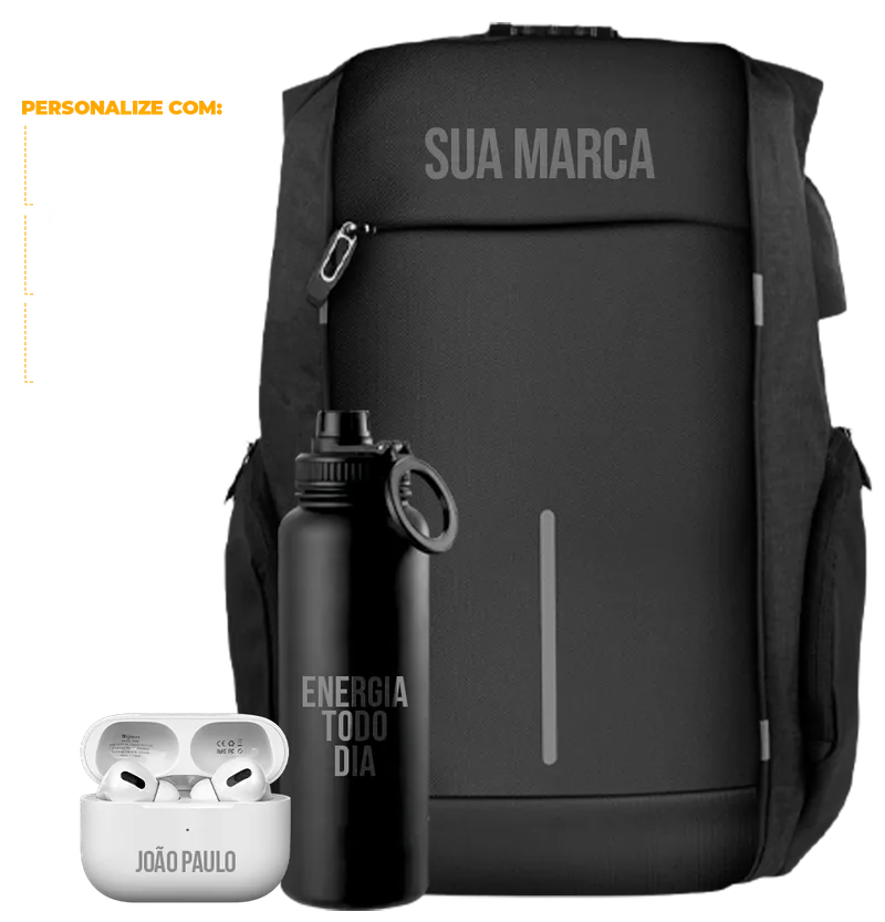 Mochila gravada com SUA MARCA, garrafa com frase e estojo de fone com o nome do colaborador