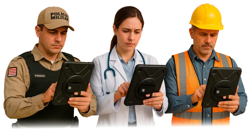 Policial, médica e engenheiro usando tablets com capa Gshield de alta resistência